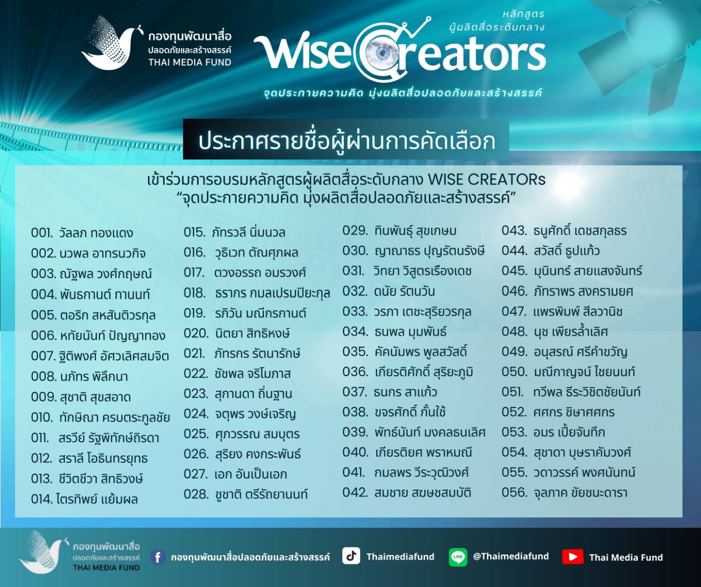 ประกาศผลผู้ผ่านการคัดเลือกเข้าร่วมอบรมหลักสูตรผู้ผลิตสื่อระดับกลาง WISE CREATORs”จุดประกายความคิด มุ่งผลิตสื่อปลอดภัยและสร้างสรรค์”